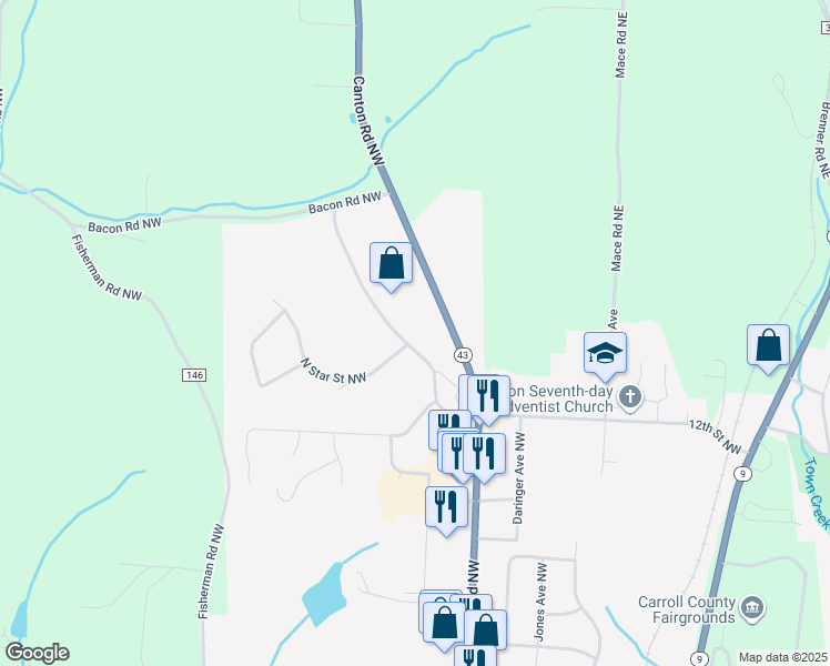 map of restaurants, bars, coffee shops, grocery stores, and more near 1045 Trump Road Northwest in Carrollton
