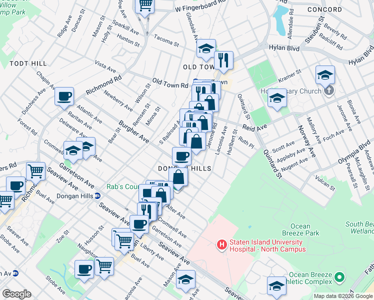 map of restaurants, bars, coffee shops, grocery stores, and more near 1511 Hylan Boulevard in Staten Island