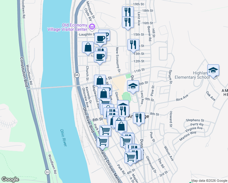 map of restaurants, bars, coffee shops, grocery stores, and more near 949 Glenwood Avenue in Ambridge