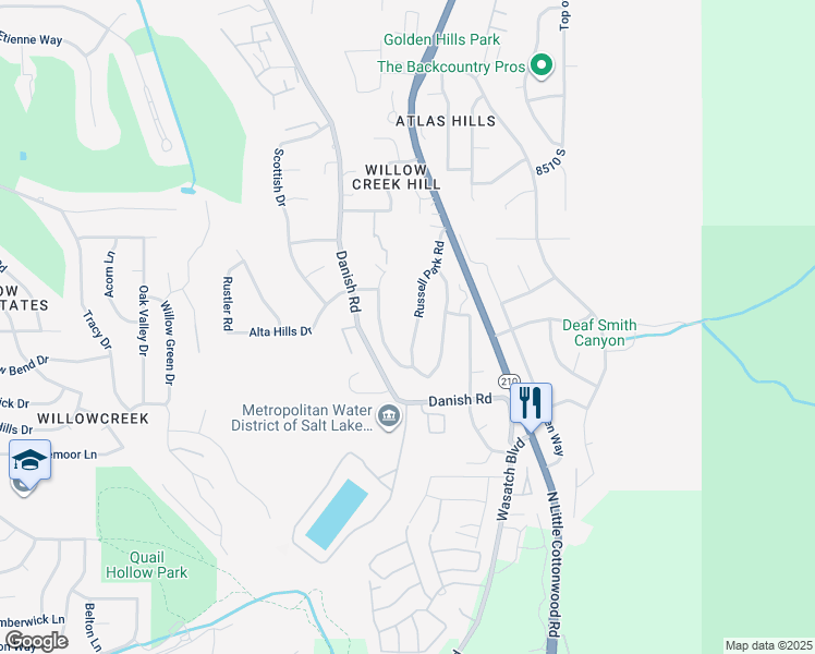 map of restaurants, bars, coffee shops, grocery stores, and more near 8764 Russell Park Road in Cottonwood Heights