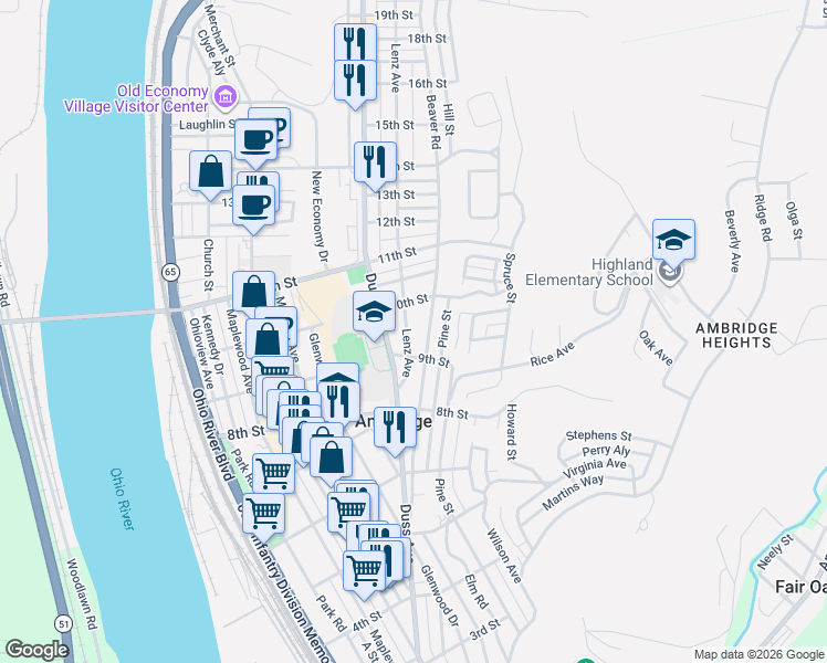 map of restaurants, bars, coffee shops, grocery stores, and more near 907 Lenz Avenue in Ambridge