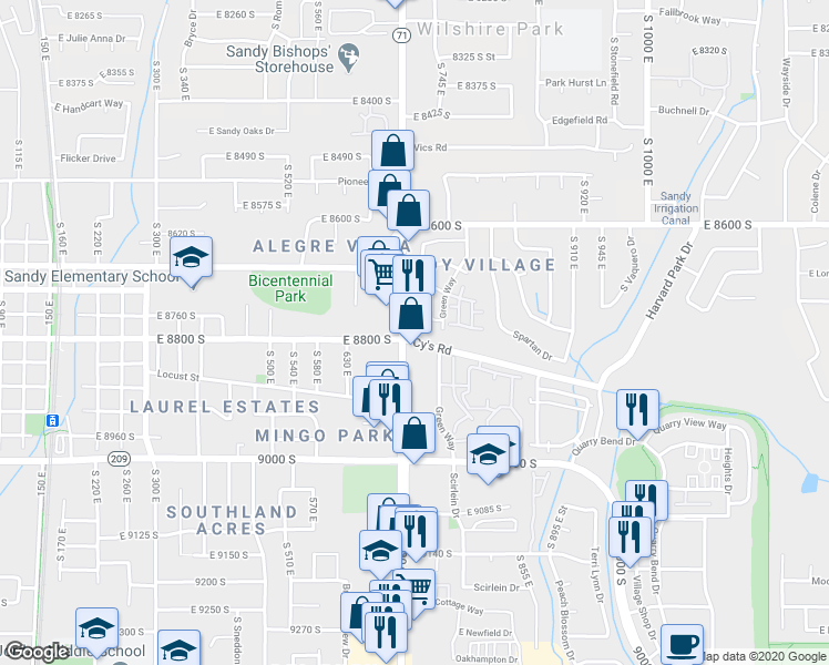 map of restaurants, bars, coffee shops, grocery stores, and more near 8767 South 700 East in Sandy