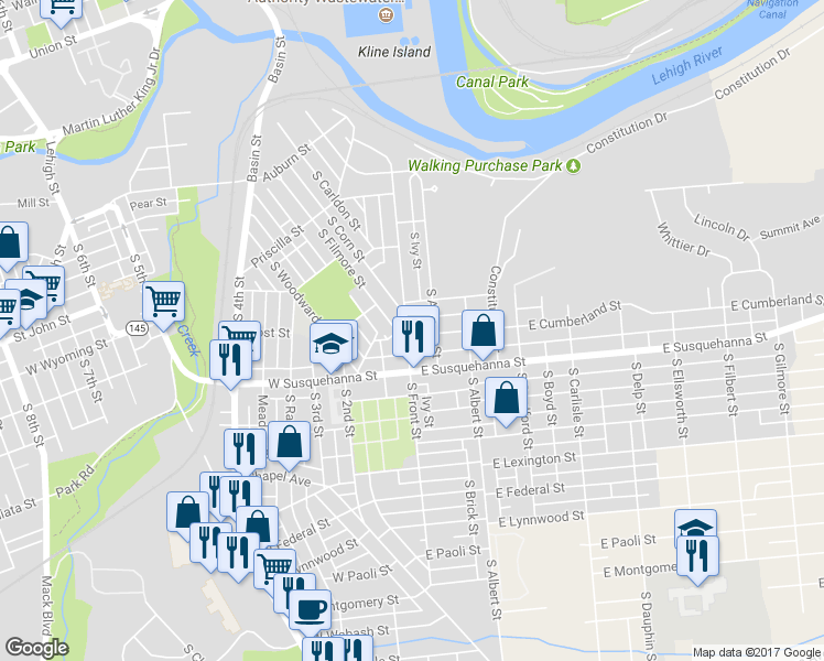 map of restaurants, bars, coffee shops, grocery stores, and more near 1023 South Front Street in Allentown