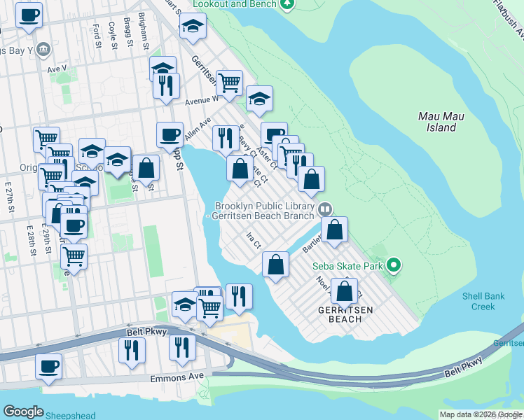 map of restaurants, bars, coffee shops, grocery stores, and more near 22 Fane Court in Brooklyn