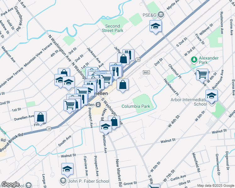 map of restaurants, bars, coffee shops, grocery stores, and more near 100 South Washington Avenue in Dunellen