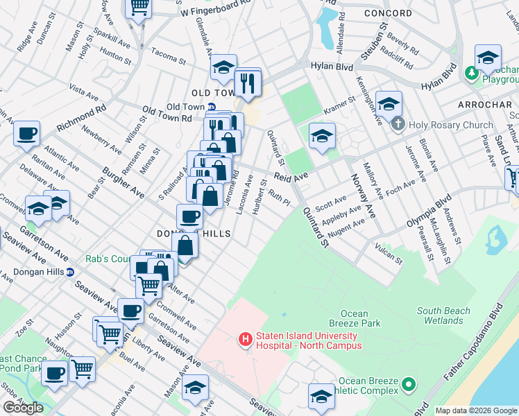 map of restaurants, bars, coffee shops, grocery stores, and more near 243 Hurlbert Street in Staten Island