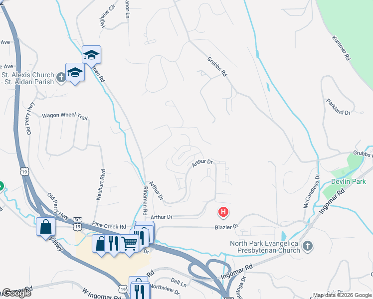 map of restaurants, bars, coffee shops, grocery stores, and more near 911 Westchester Drive in Wexford