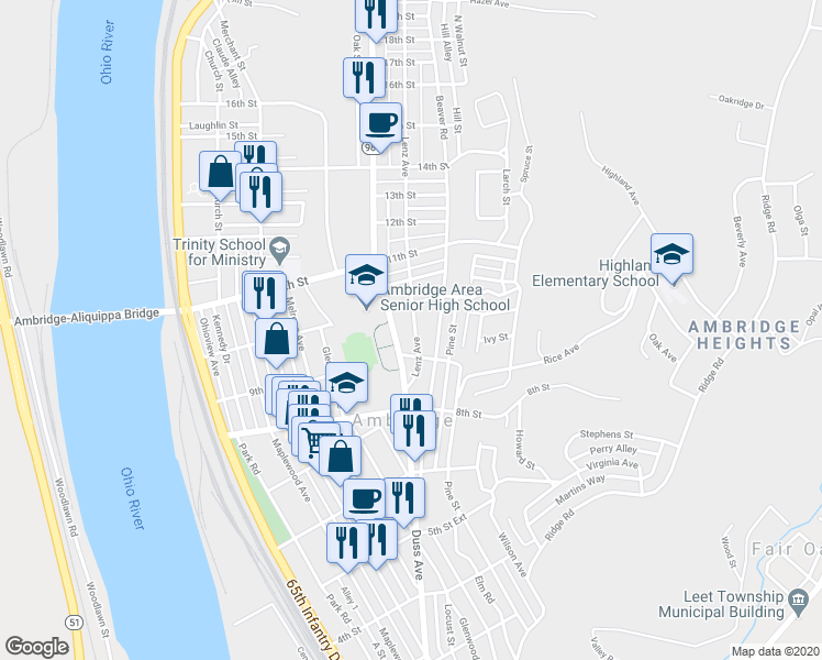 map of restaurants, bars, coffee shops, grocery stores, and more near 925 Lenz Avenue in Ambridge