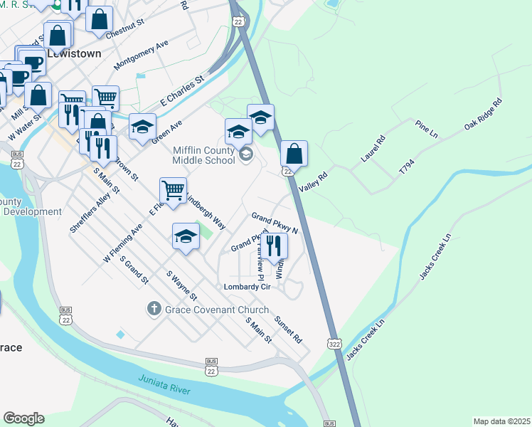 map of restaurants, bars, coffee shops, grocery stores, and more near 129 Grand Parkway North in Lewistown
