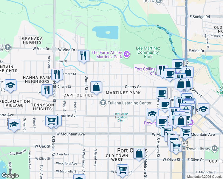 map of restaurants, bars, coffee shops, grocery stores, and more near 614 Maple Street in Fort Collins