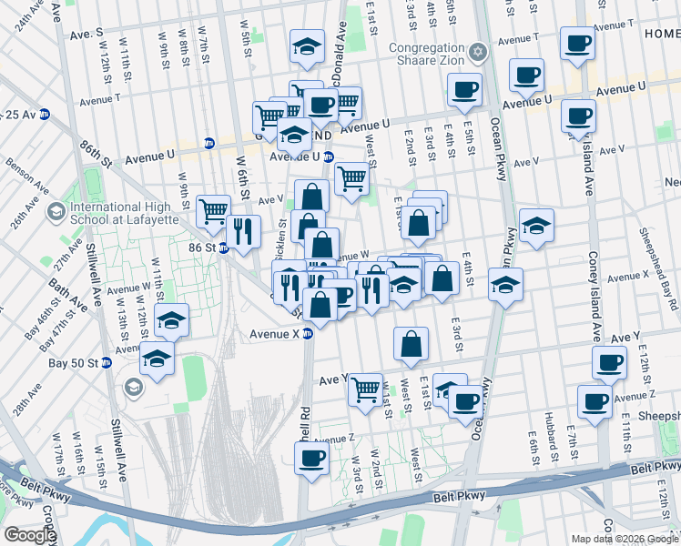 map of restaurants, bars, coffee shops, grocery stores, and more near 8 Stryker Court in Brooklyn
