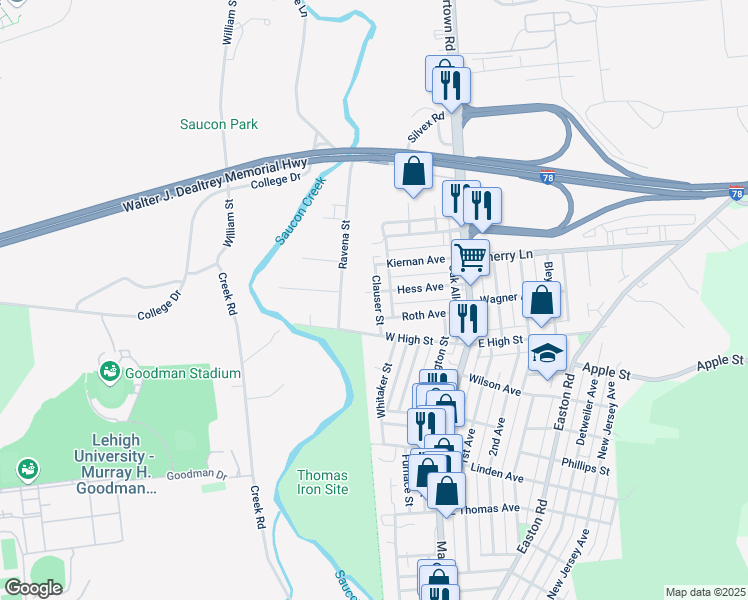 map of restaurants, bars, coffee shops, grocery stores, and more near 185 Roth Avenue in Hellertown