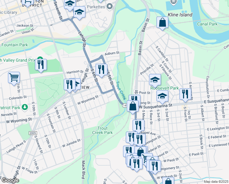 map of restaurants, bars, coffee shops, grocery stores, and more near 502 West Wyoming Street in Allentown