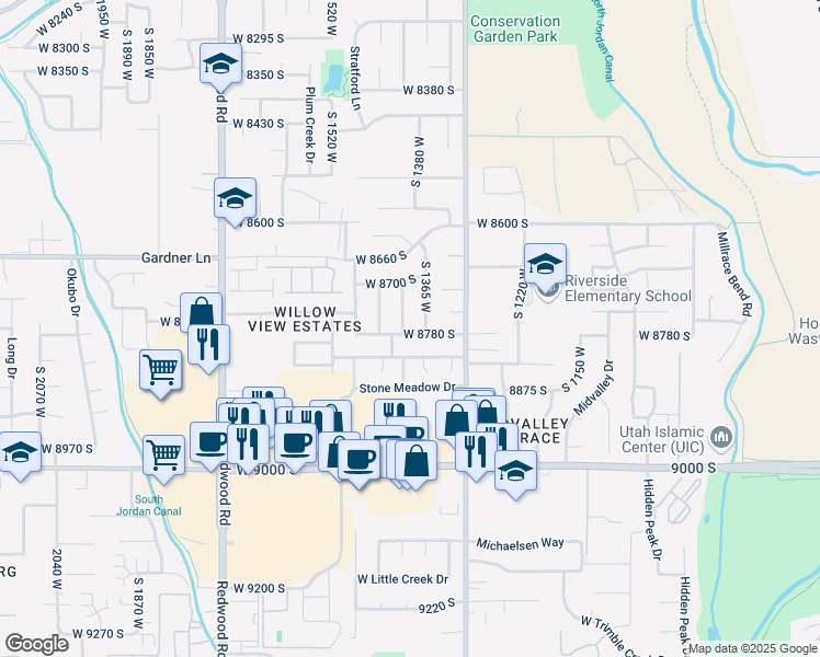 map of restaurants, bars, coffee shops, grocery stores, and more near 1392 W 8780 S in West Jordan