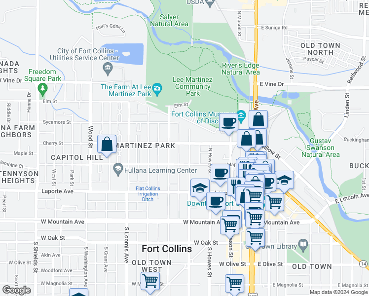 map of restaurants, bars, coffee shops, grocery stores, and more near 317 North Meldrum Street in Fort Collins