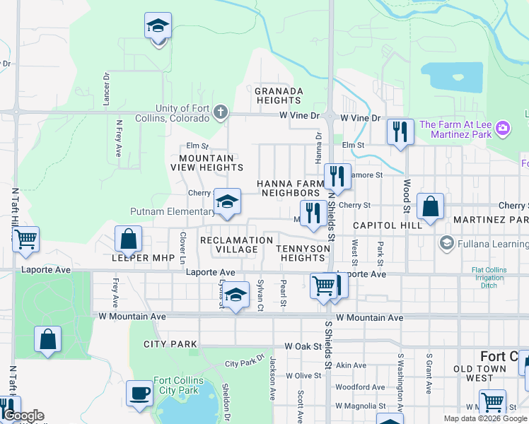 map of restaurants, bars, coffee shops, grocery stores, and more near 1229 Maple Street in Fort Collins