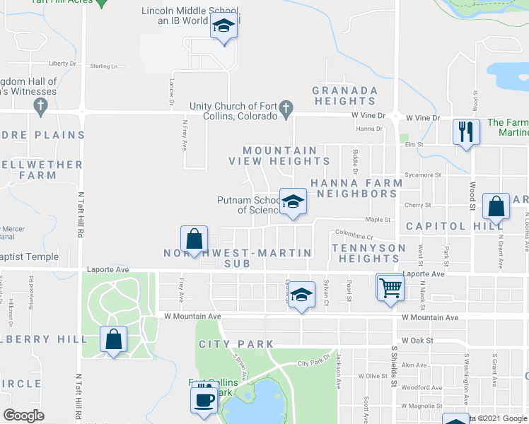 map of restaurants, bars, coffee shops, grocery stores, and more near 305 North Roosevelt Avenue in Fort Collins
