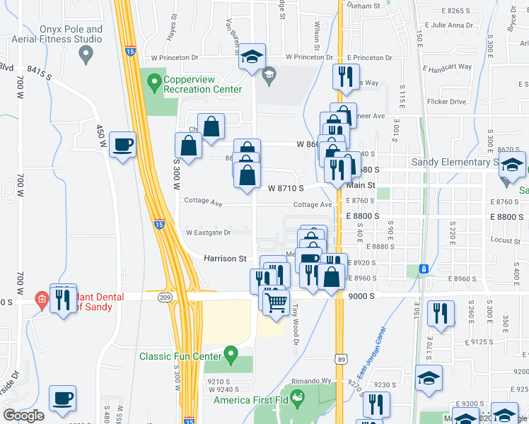 map of restaurants, bars, coffee shops, grocery stores, and more near 8825 Monroe Street in Sandy