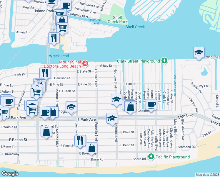map of restaurants, bars, coffee shops, grocery stores, and more near 580 East Fulton Street in Long Beach