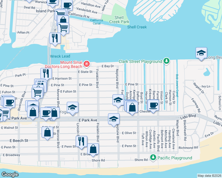map of restaurants, bars, coffee shops, grocery stores, and more near 536 East Fulton Street in Long Beach