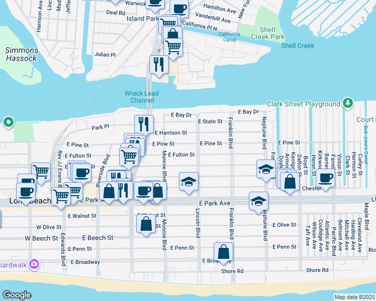 map of restaurants, bars, coffee shops, grocery stores, and more near 573 Lincoln Boulevard in Long Beach