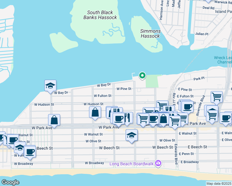 map of restaurants, bars, coffee shops, grocery stores, and more near 572 Laurelton Boulevard in Long Beach