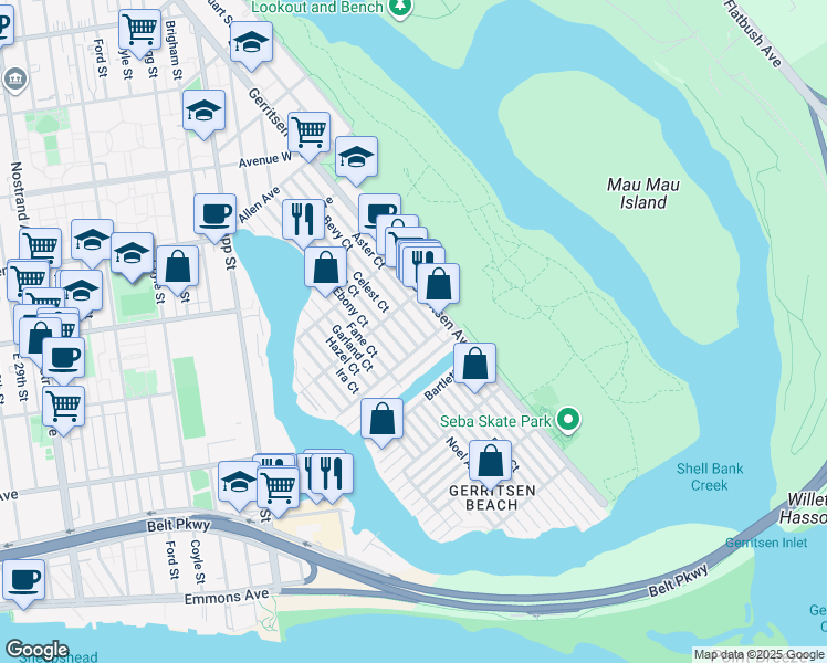 map of restaurants, bars, coffee shops, grocery stores, and more near 5 Celest Court in Brooklyn