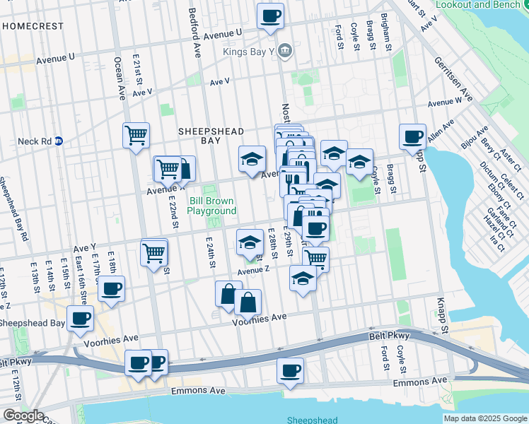 map of restaurants, bars, coffee shops, grocery stores, and more near 2717 Avenue Y in Brooklyn