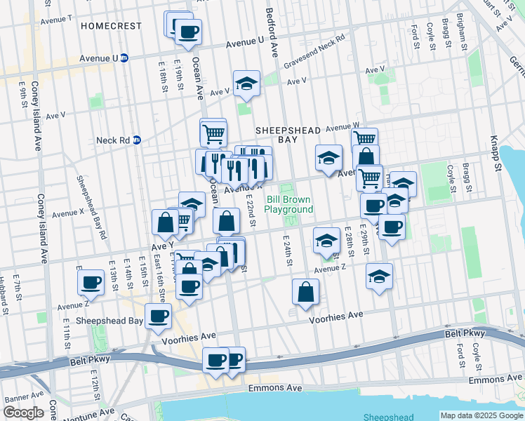 map of restaurants, bars, coffee shops, grocery stores, and more near 2464 East 23rd Street in Brooklyn