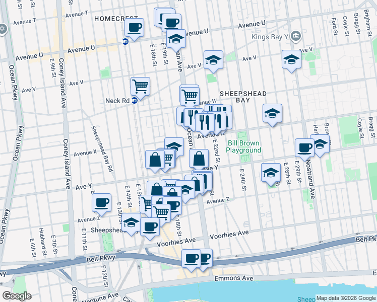 map of restaurants, bars, coffee shops, grocery stores, and more near 2855 Ocean Avenue in Brooklyn