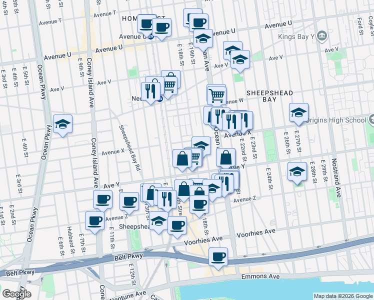 map of restaurants, bars, coffee shops, grocery stores, and more near 2435 East 17th Street in Brooklyn