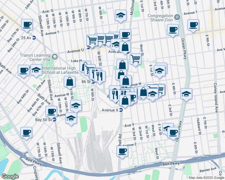 map of restaurants, bars, coffee shops, grocery stores, and more near 2911 86th Street in Brooklyn