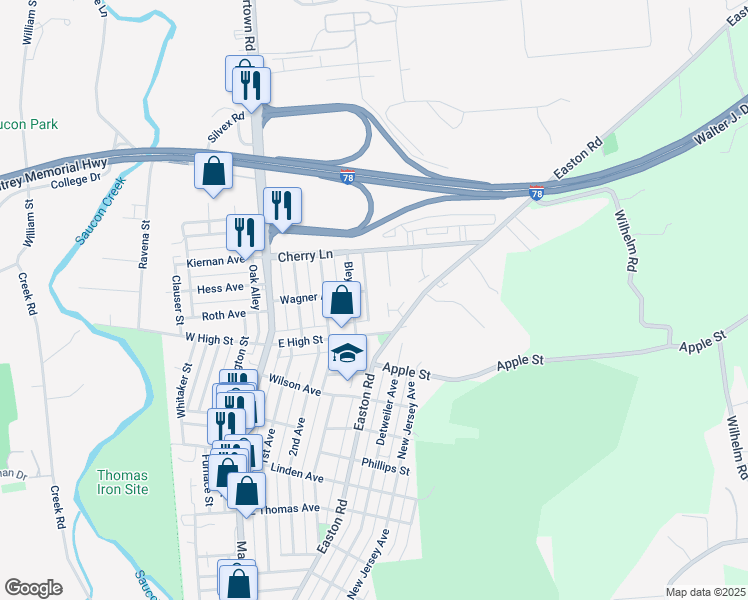 map of restaurants, bars, coffee shops, grocery stores, and more near 1543 Zimpfer Lane in Hellertown