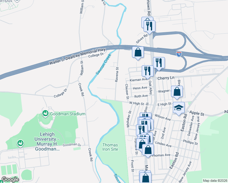 map of restaurants, bars, coffee shops, grocery stores, and more near 1715 Seidersville Road in Bethlehem