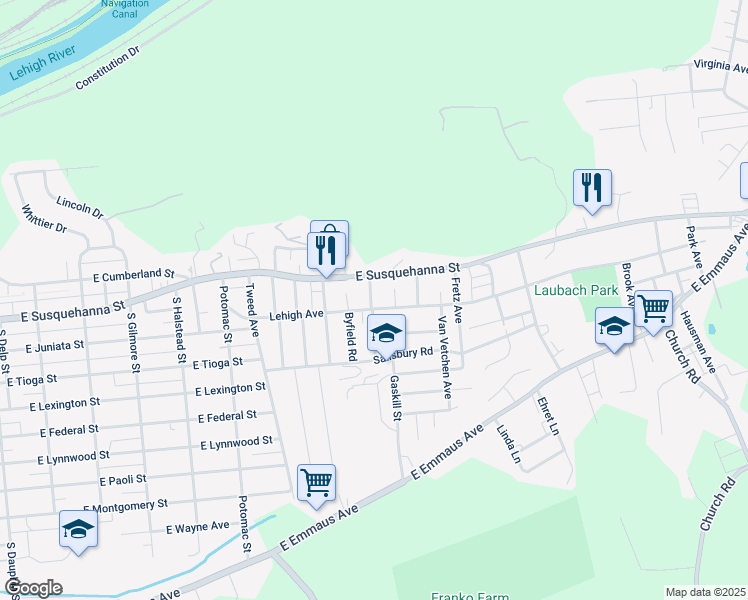 map of restaurants, bars, coffee shops, grocery stores, and more near 1133 Lehigh Avenue in Allentown