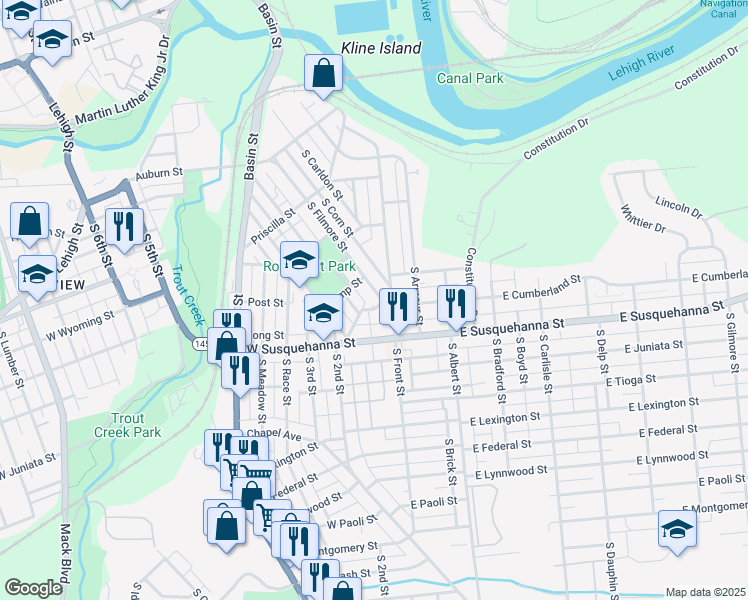 map of restaurants, bars, coffee shops, grocery stores, and more near 132 Donald Street in Allentown
