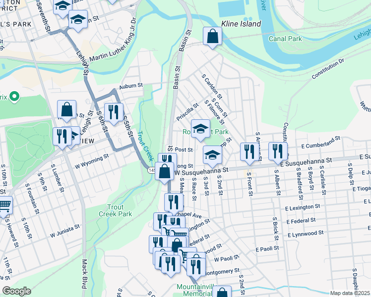 map of restaurants, bars, coffee shops, grocery stores, and more near 1010 South Meadow Street in Allentown
