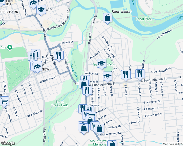 map of restaurants, bars, coffee shops, grocery stores, and more near 1010 South Meadow Street in Allentown