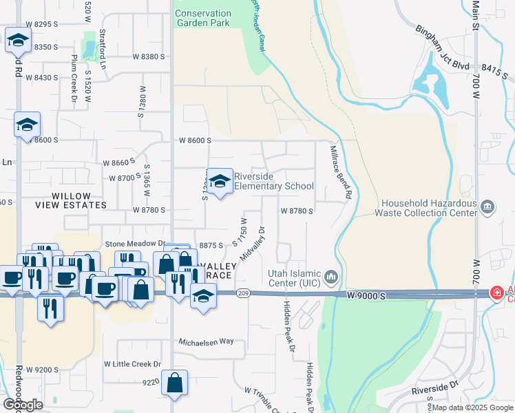 map of restaurants, bars, coffee shops, grocery stores, and more near 8772 Midvalley Drive in West Jordan