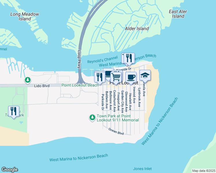 map of restaurants, bars, coffee shops, grocery stores, and more near 54 Bellmore Avenue in Point Lookout