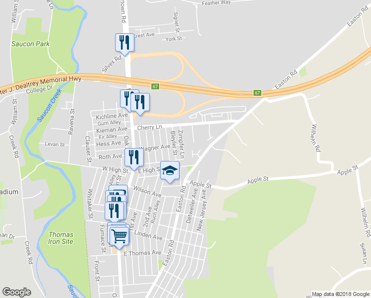 map of restaurants, bars, coffee shops, grocery stores, and more near 1543 Zimpfer Lane in Hellertown