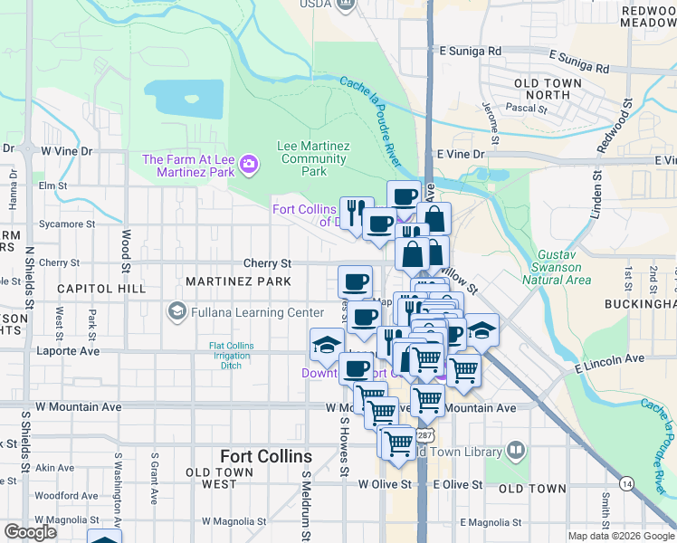 map of restaurants, bars, coffee shops, grocery stores, and more near 311 North Howes Street in Fort Collins