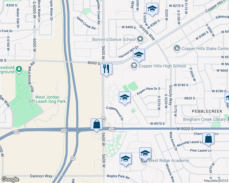 map of restaurants, bars, coffee shops, grocery stores, and more near 8767 Brown Park Drive in West Jordan