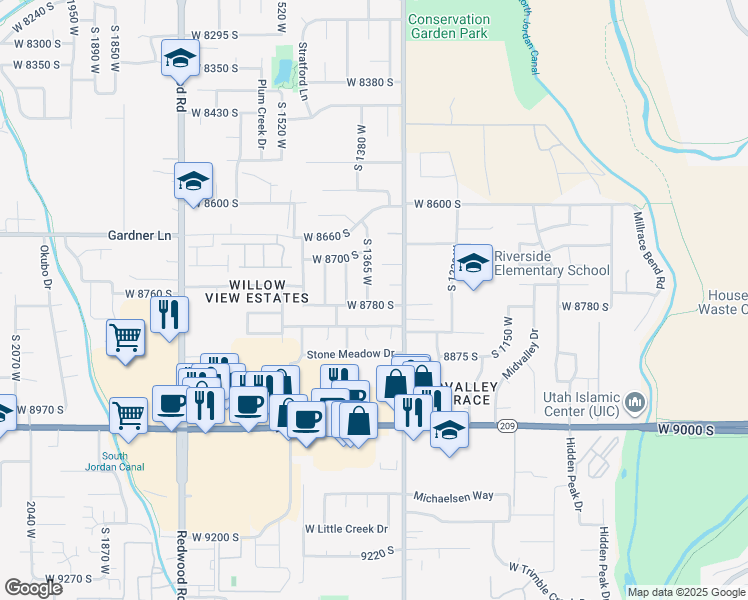 map of restaurants, bars, coffee shops, grocery stores, and more near 1352 West 8780 South in West Jordan