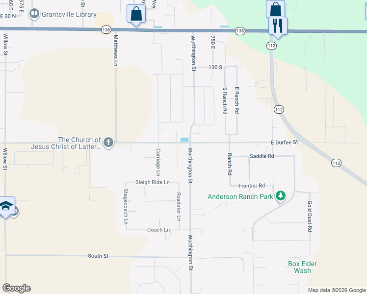 map of restaurants, bars, coffee shops, grocery stores, and more near 300 Worthington Street in Grantsville