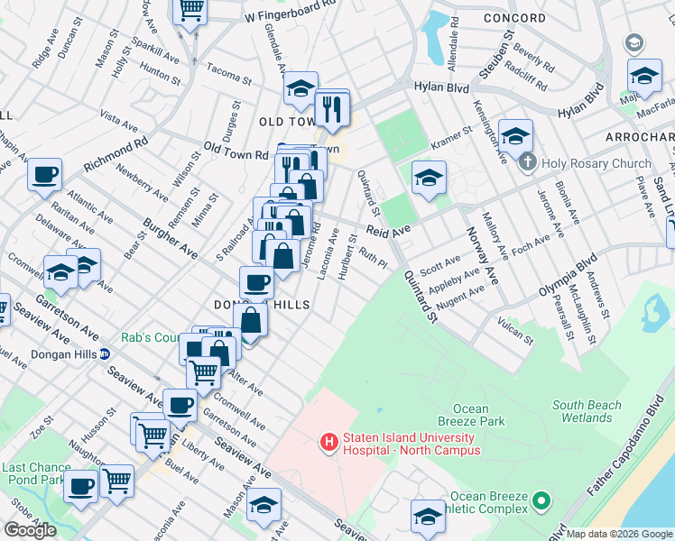 map of restaurants, bars, coffee shops, grocery stores, and more near 243 Hurlbert Street in Staten Island