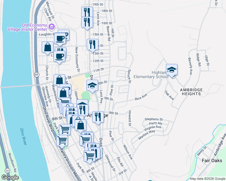 map of restaurants, bars, coffee shops, grocery stores, and more near 921 Pine Street in Ambridge