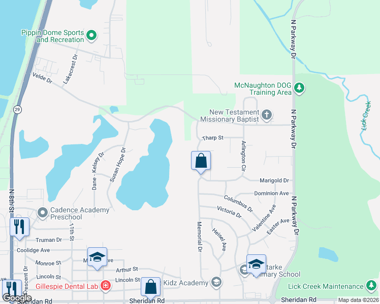 map of restaurants, bars, coffee shops, grocery stores, and more near 1809 Tharp Street in Pekin