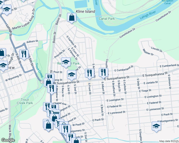 map of restaurants, bars, coffee shops, grocery stores, and more near 1023 South Front Street in Allentown