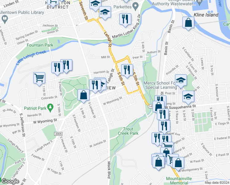 map of restaurants, bars, coffee shops, grocery stores, and more near 702 Saint John Street in Allentown